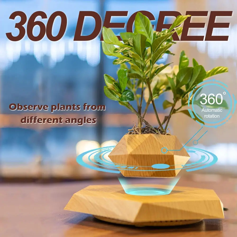 Levitation Air Bonsai Pot, Magnetic Levitating Mini Rotating Flower Pot Planter Suspension Floating Succulents Sky-Garden Plant Potted for Home Living Room Office Desk Decoration (Wood Color)
