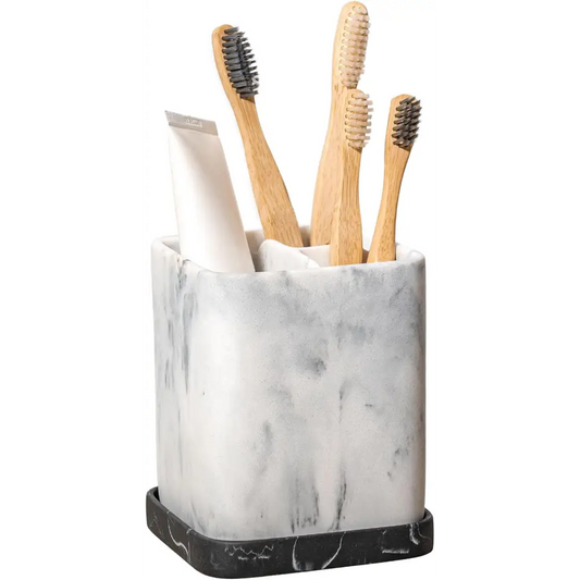 Marble toothbrush holder with black and white marbling design for modern bathrooms