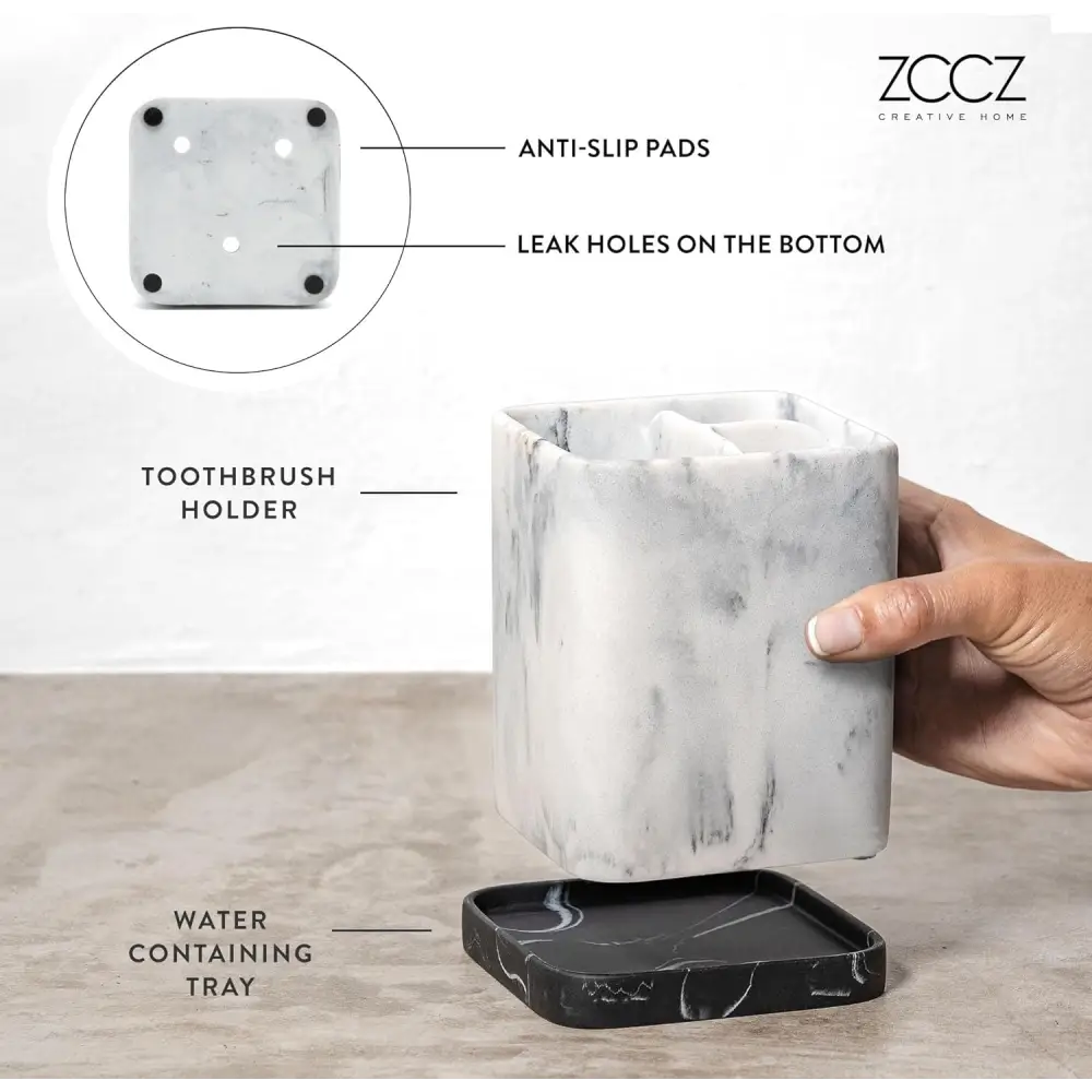 White marble toothbrush holder with black water tray and anti-slip pads by ZCCZ