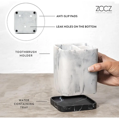 White marble toothbrush holder with black water tray and anti-slip pads by ZCCZ