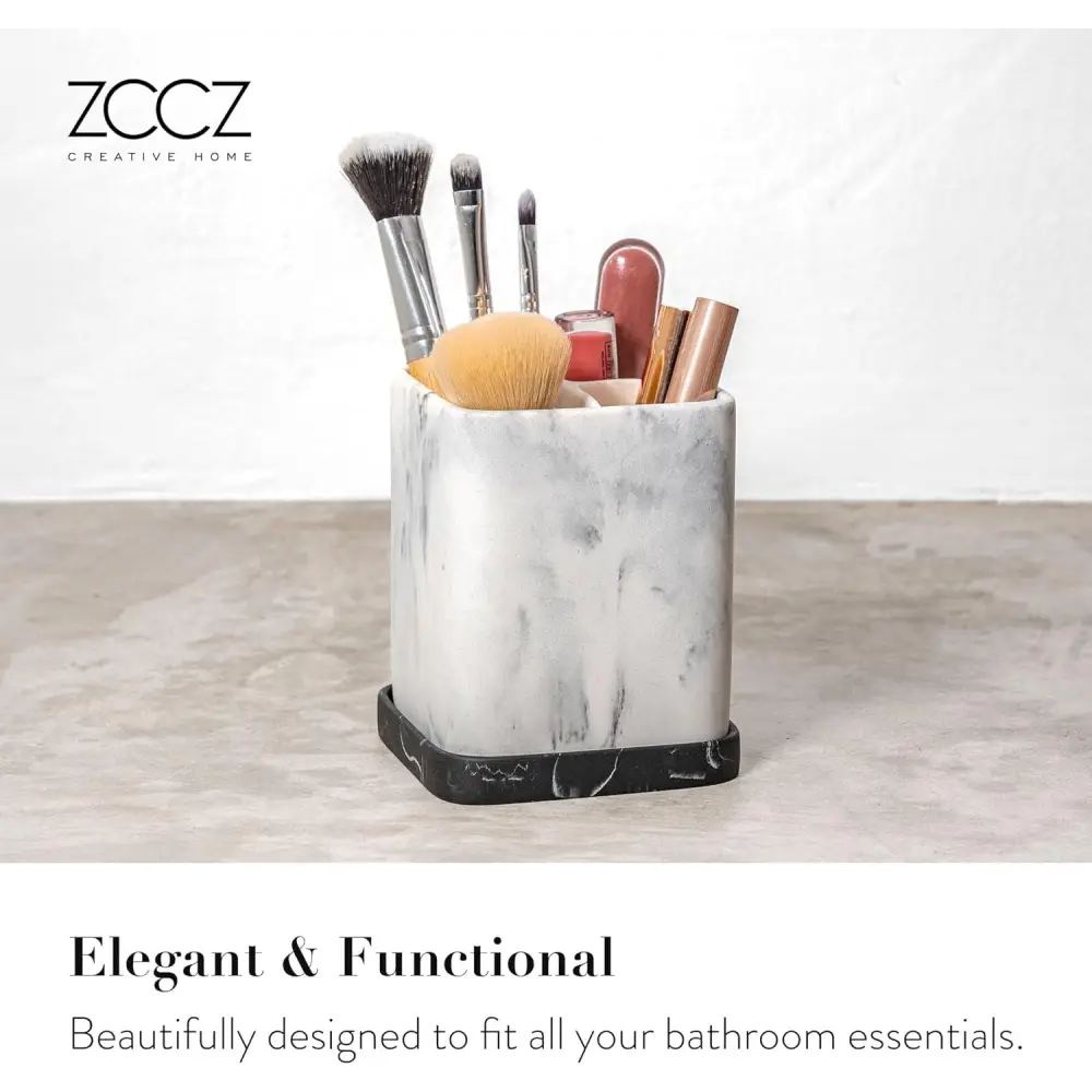 Elegant marble toothbrush holder with black accents for stylish bathroom organization