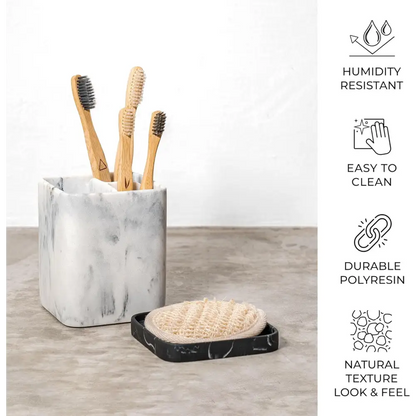 White marble toothbrush holder with black speckles made of durable polyresin material