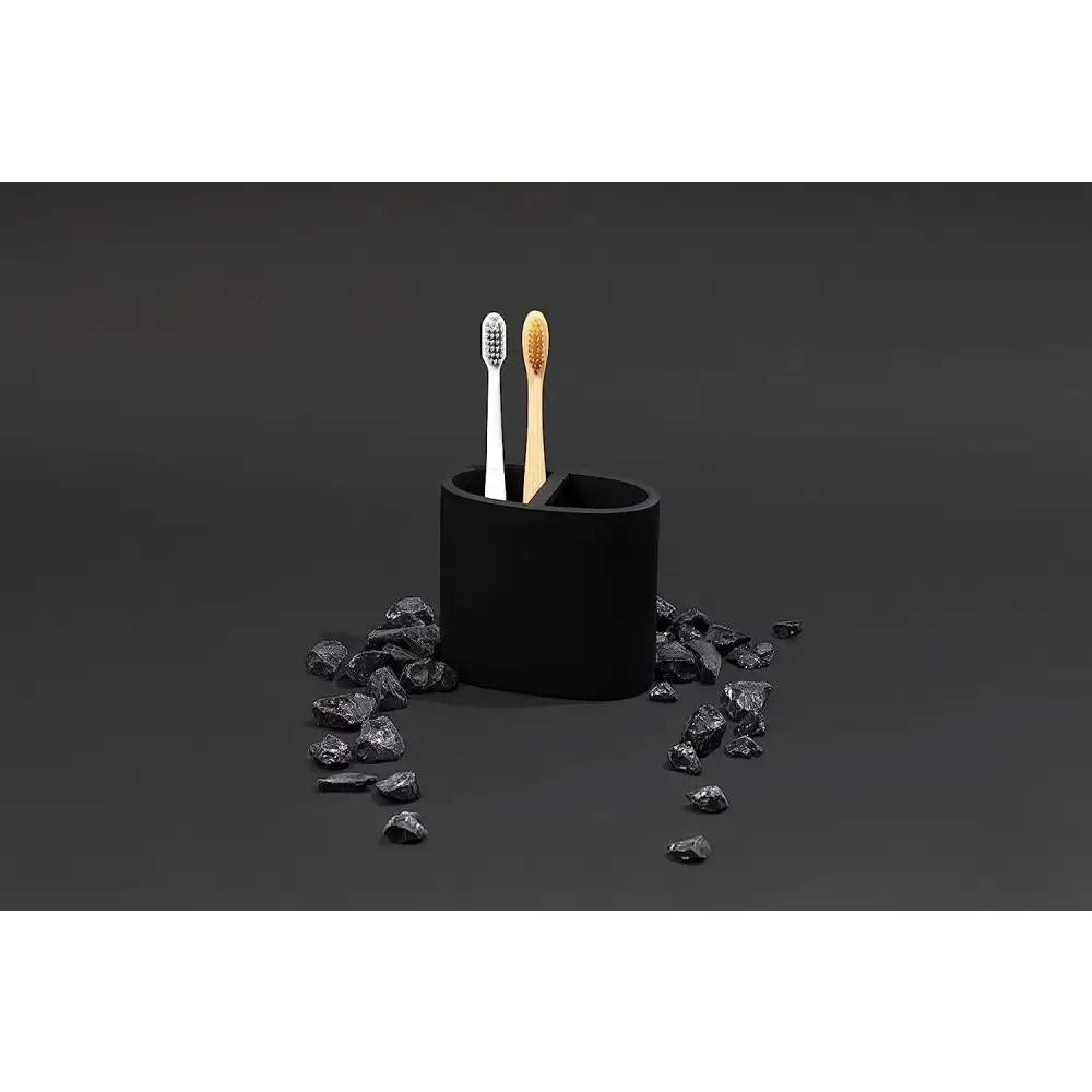 Black matte toothbrush holder set with two brushes, one white and one wooden