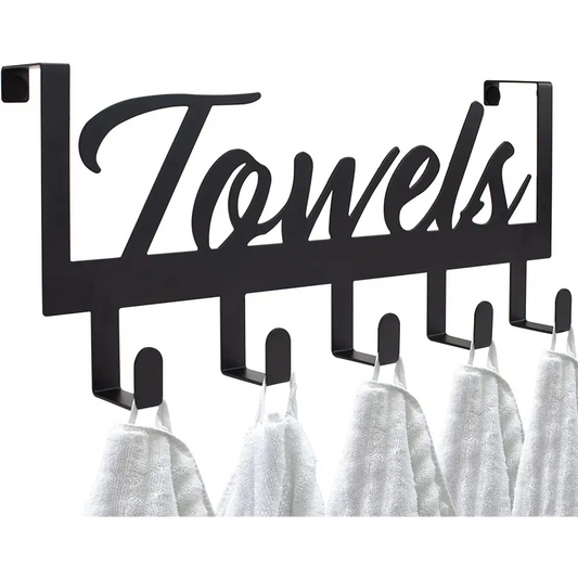 Black metal over the door towel rack with hooks and cursive towels sign