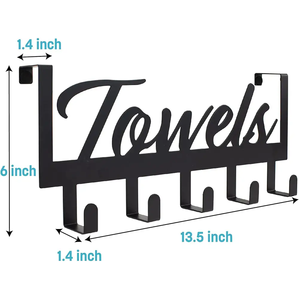 Black metal over the door towel rack with hooks and towels sign design
