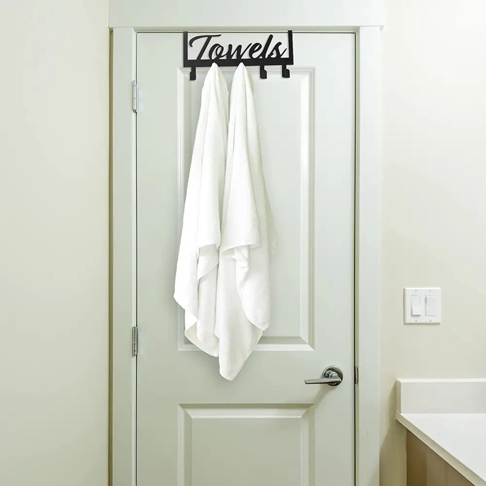 White over the door towel rack with hooks and towels sign for bathroom organization
