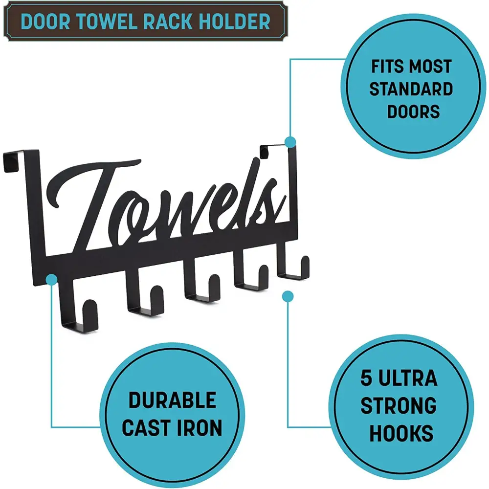 Black cast iron over the door towel rack with hooks and towels sign for bathroom storage