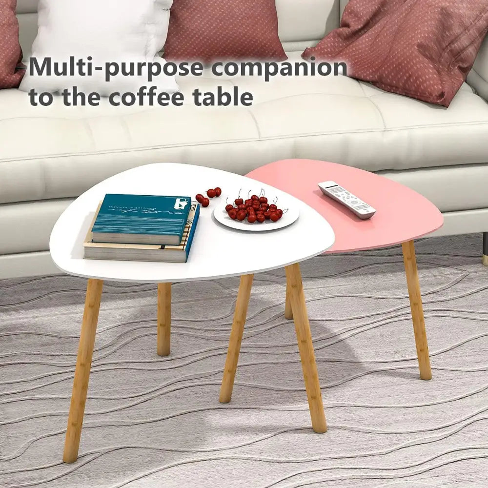 Bambloom Bamboo Nesting Coffee Tables - Small Coffee Table for Living Room, Set of 2 Triangle End Table Modern Side Table for Bedroom Apartment Balcony Yard Small Spaces, (White & Pink)