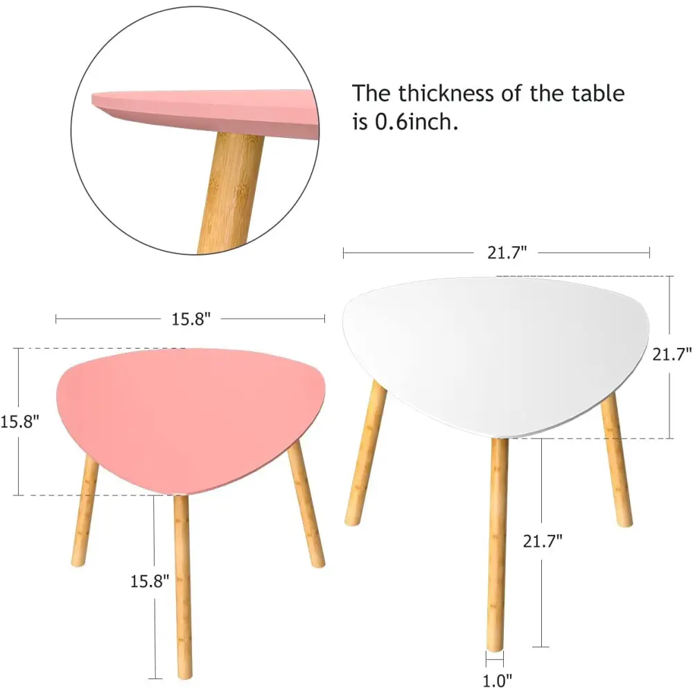 Bambloom Bamboo Nesting Coffee Tables - Small Coffee Table for Living Room, Set of 2 Triangle End Table Modern Side Table for Bedroom Apartment Balcony Yard Small Spaces, (White & Pink)