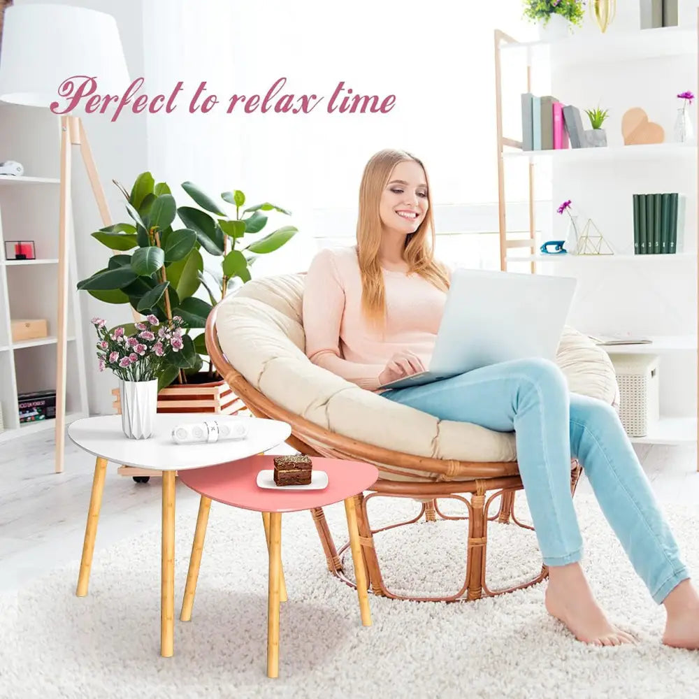 Bambloom Bamboo Nesting Coffee Tables - Small Coffee Table for Living Room, Set of 2 Triangle End Table Modern Side Table for Bedroom Apartment Balcony Yard Small Spaces, (White & Pink)