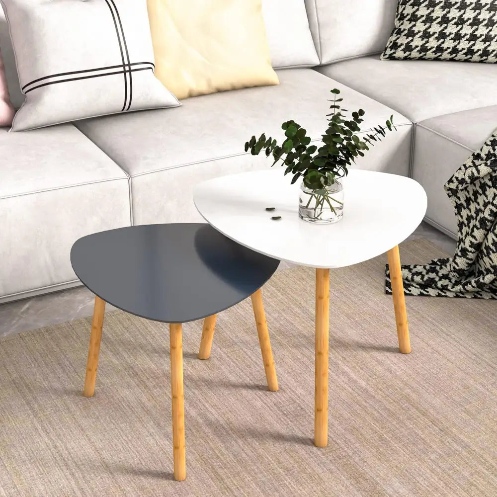 Bambloom Bamboo Nesting Coffee Tables - Small Coffee Table for Living Room, Set of 2 Triangle End Table Modern Side Table for Bedroom Apartment Balcony Yard Small Spaces, (White & Pink)