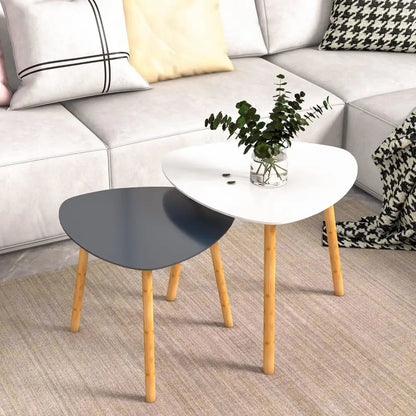 Bambloom Bamboo Nesting Coffee Tables - Small Coffee Table for Living Room, Set of 2 Triangle End Table Modern Side Table for Bedroom Apartment Balcony Yard Small Spaces, (White & Pink)