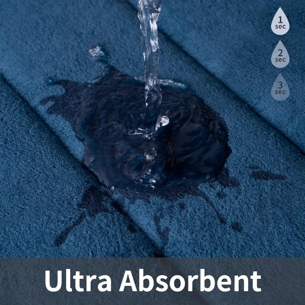 Ultra-absorbent blue microfiber towel with water droplets on ROSMARUS Navy Textured Memory Foam Bath Mat