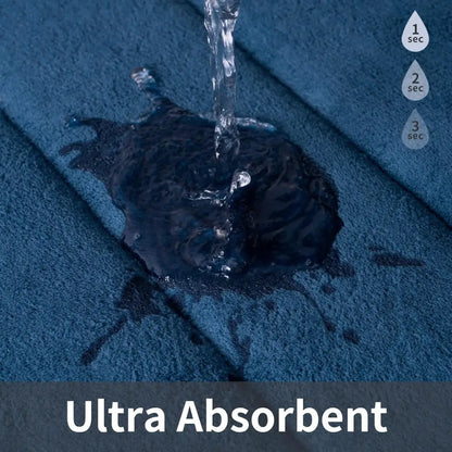 Ultra-absorbent blue microfiber towel with water droplets on ROSMARUS Navy Textured Memory Foam Bath Mat