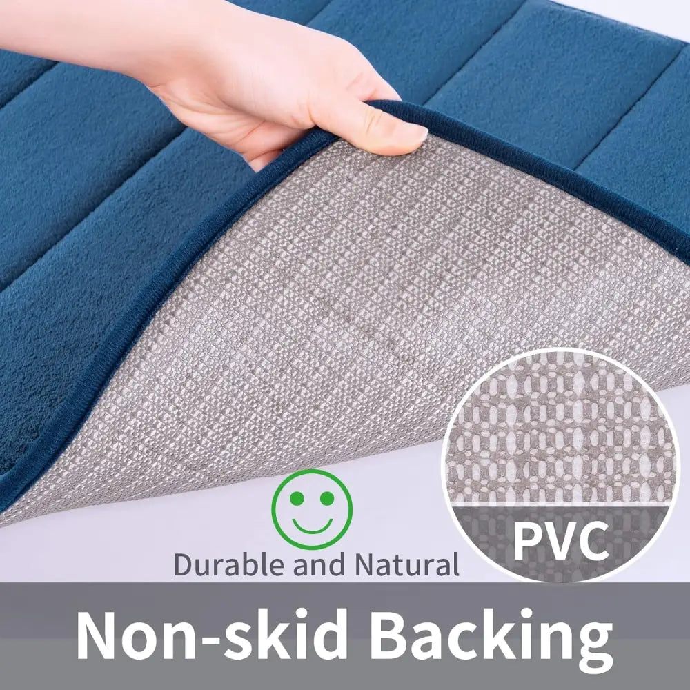 ROSMARUS Navy textured memory foam bath mat with blue and gray non-skid backing