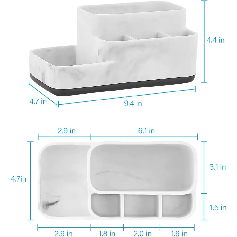 White marble-patterned desk organizer with black rubber base and compartments for office supplies