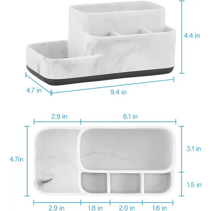 White marble-patterned desk organizer with black rubber base and compartments for office supplies