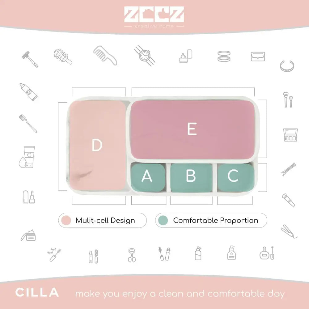 Pink and green multi-cell travel case with labeled compartments in White Marble Makeup Organizer