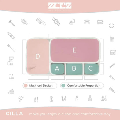 Pink and green multi-cell travel case with labeled compartments in White Marble Makeup Organizer