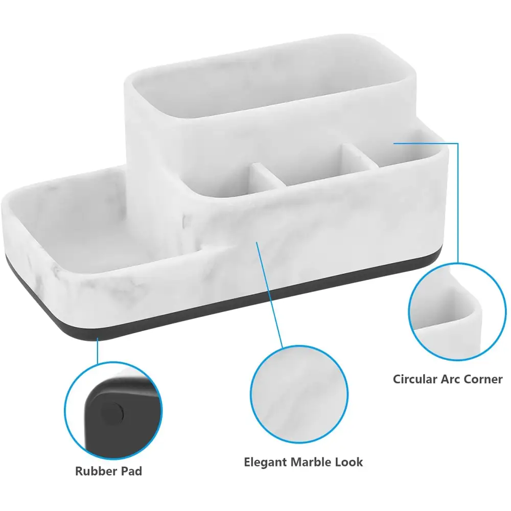 White marble look desk organizer with rubber pad and circular arc corner design