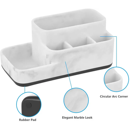 White marble look desk organizer with rubber pad and circular arc corner design