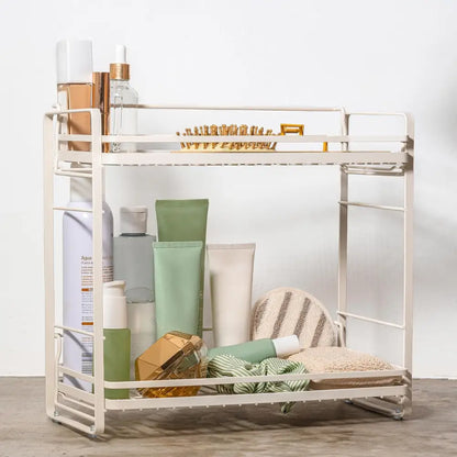 Cream-colored metal storage rack with multiple shelves for organizing toiletries and makeup