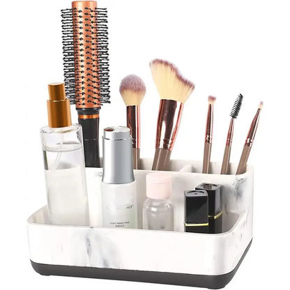 White marble makeup and vanity organizer with black accents and clear compartments