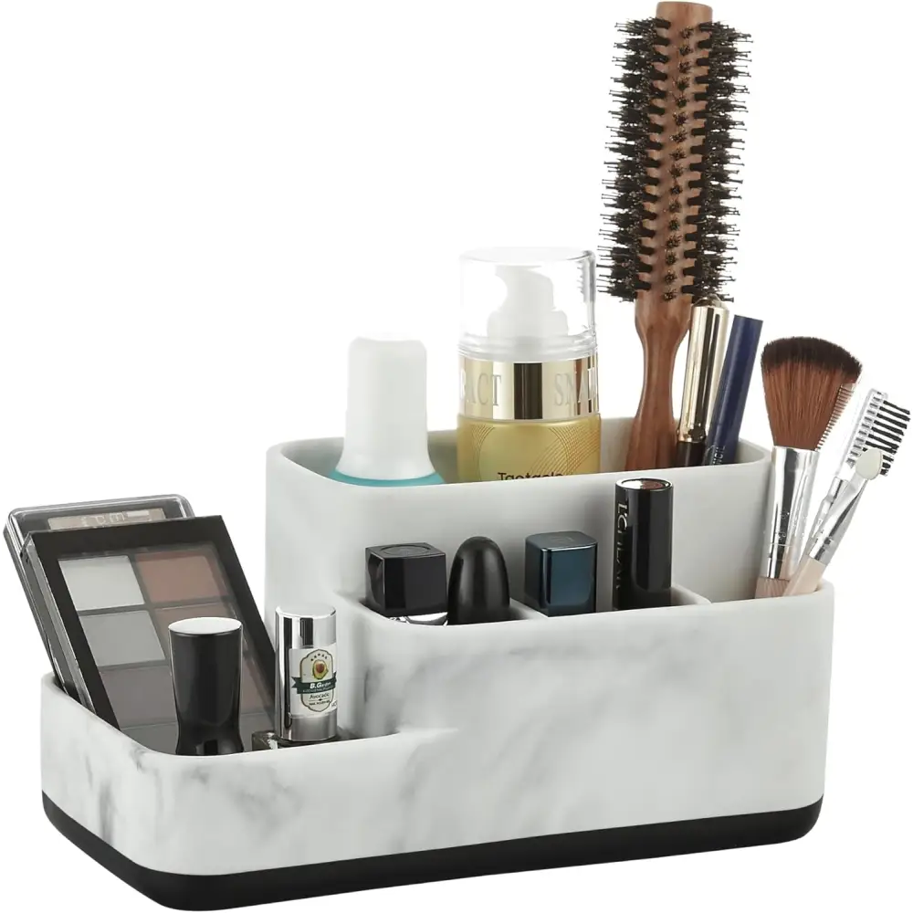 White marble makeup organizer with black accents and multiple compartments for beauty products