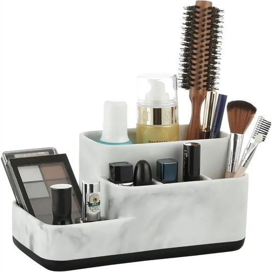 White marble makeup organizer with black accents and multiple compartments for beauty products