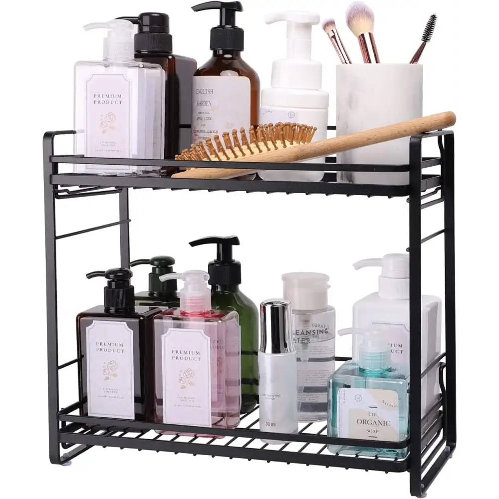 Black metal 2-tier makeup and vanity organizer with toiletries and cosmetics display