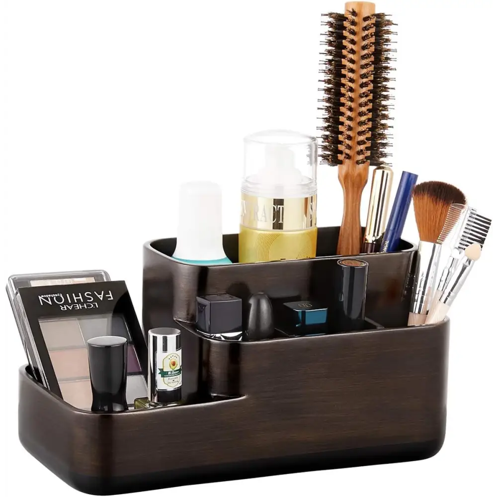 Brown wooden makeup organizer with compartments and brushes for White Marble Vanity Organizer