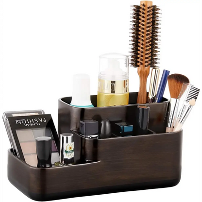 Brown wooden makeup organizer with compartments and brushes for White Marble Vanity Organizer